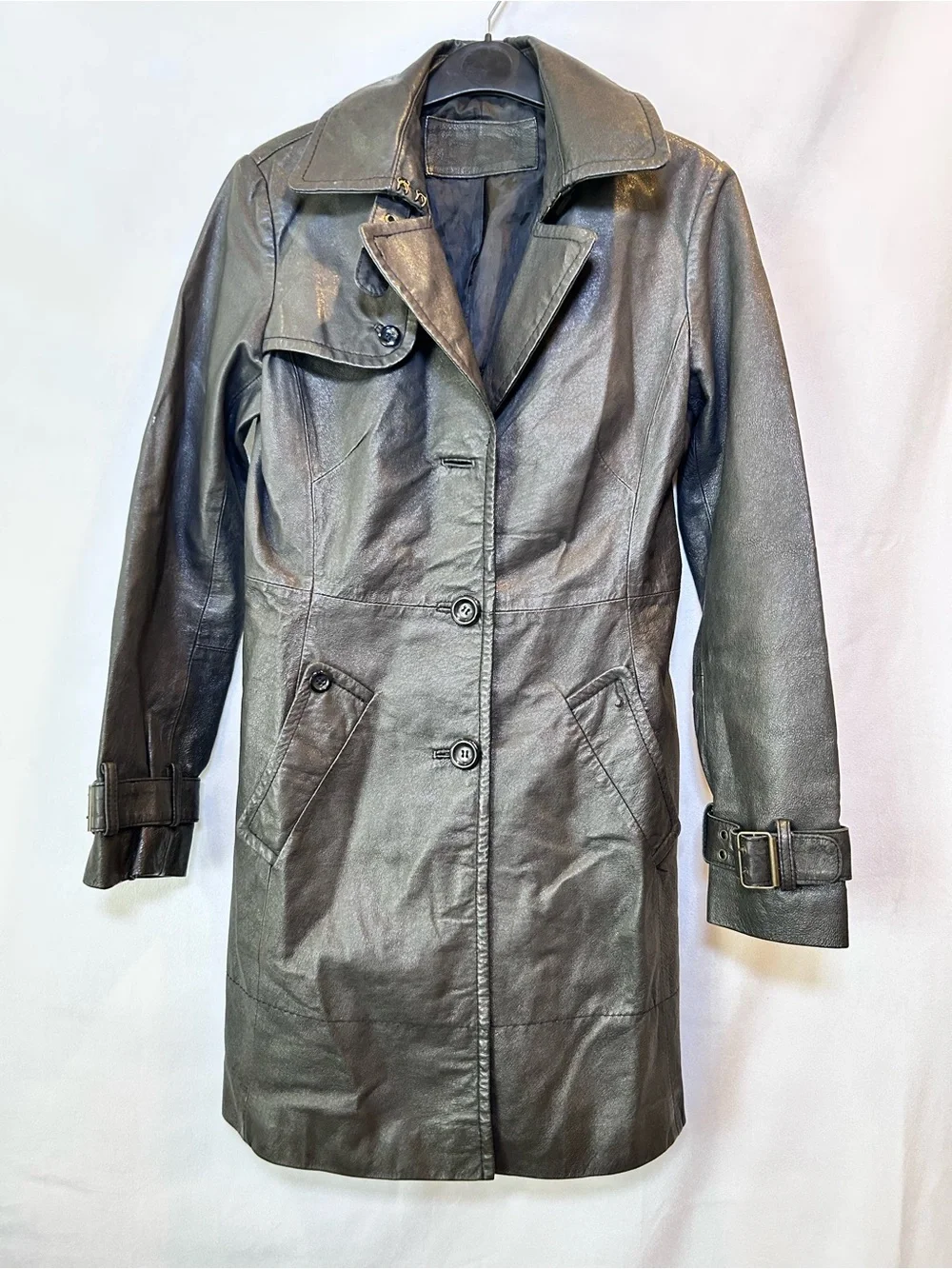 Y2K Le Château Black Leather Trench Coat Painted Back Graphic 90’s Grunge Size S - Picture 9 of 14